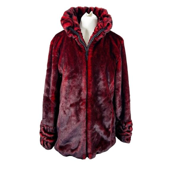 Dennis Basso Faux Fur Coat Womens Medium Dark Red Zip Up Vegan Mob Wife Jacket - Picture 1 of 8